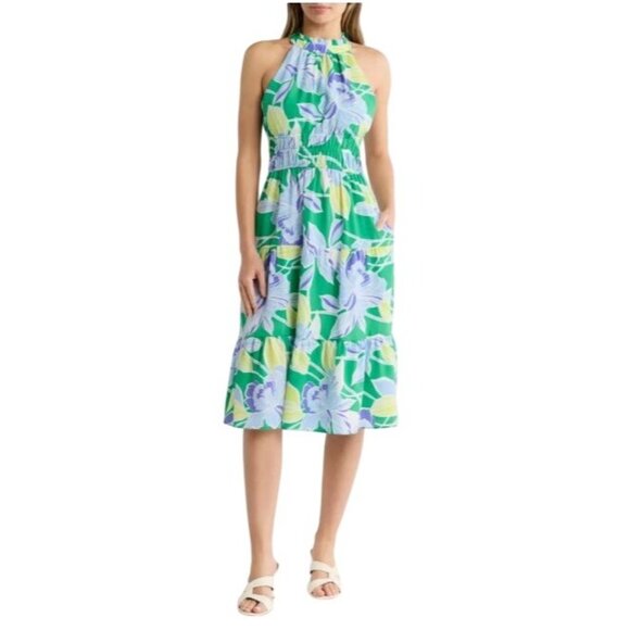 Eliza J Womens Green Blue Floral Pockets Halter Tiered Midi Dress Sz 12 New - Picture 1 of 9